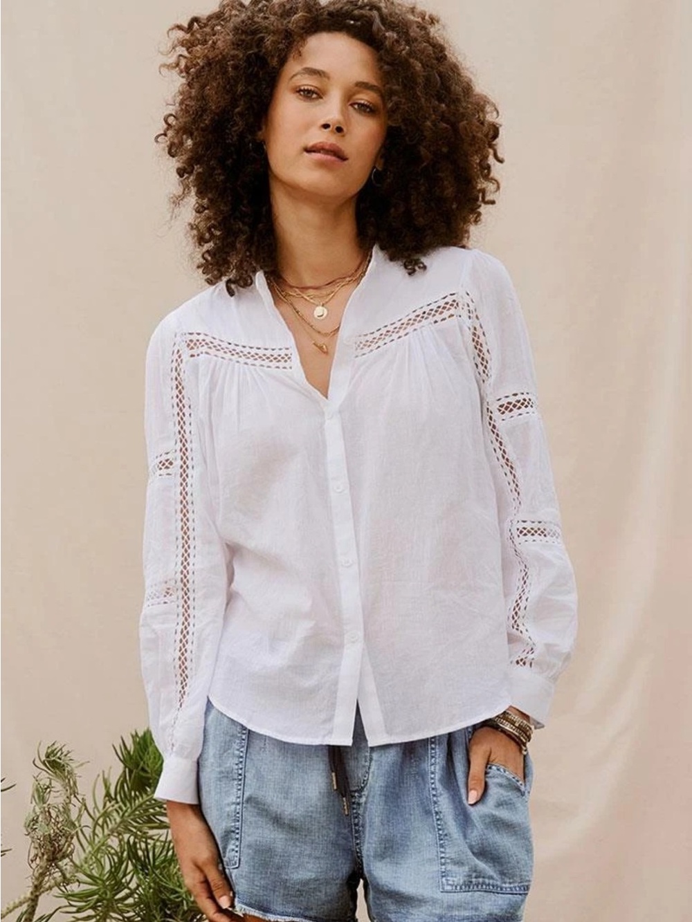 Matilde Jane Good Hart Women's White Lace-Panel Button Down Shirt